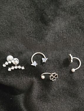 2 Silver And Crystal Body Jewelry, Butterfly Single And Clover Set Of 4